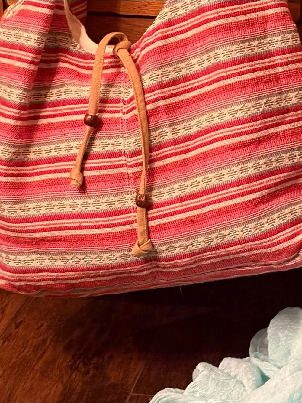 Striped Pink Canvas Shoulder Bag with Tan Accents